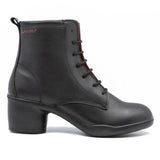 Black leather boot with lace-up design on a white background