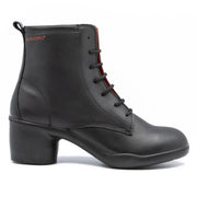 Black leather boot with lace-up design on a white background