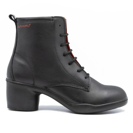Black leather boot with lace-up design on a white background