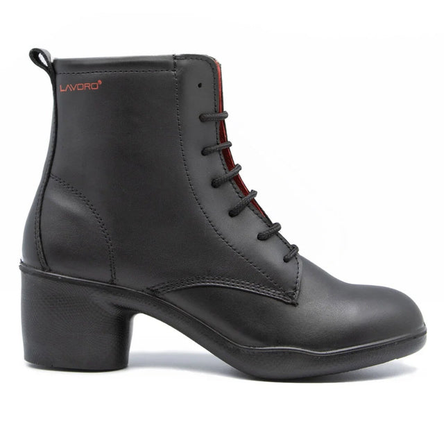 Black leather boot with lace-up design on a white background