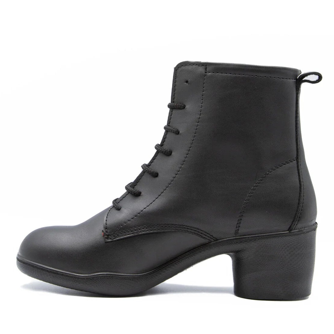 Black leather boot with lace-up design on a white background