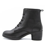 Black leather boot with lace-up design on a white background