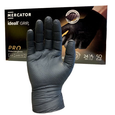 Mercator Medical Ideall Grip Black Nitrile Gloves 3D Diamond Texture Heavy Duty