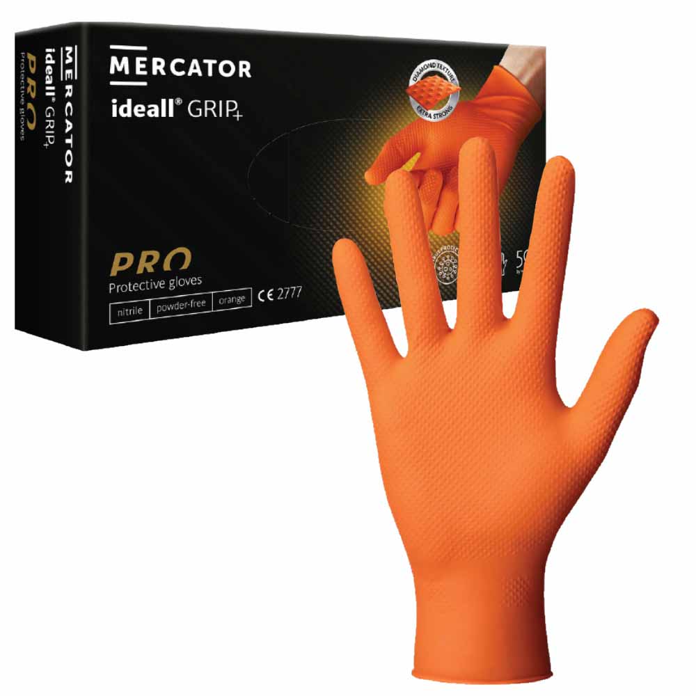 Mercator Medical Orange Ideall Grip Nitrile Gloves Heavy Duty Diamond Texture
