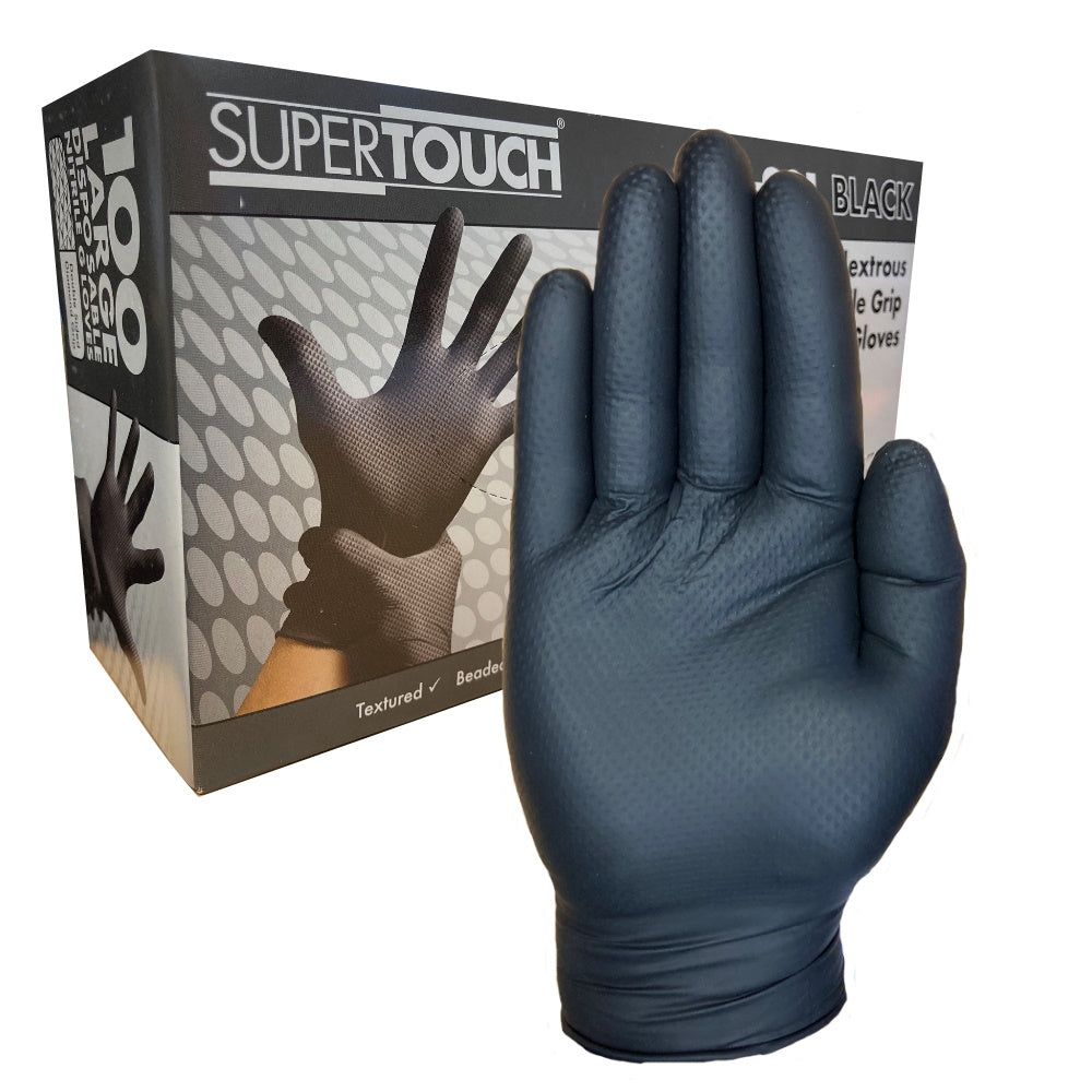 Supertouch Diamond Grip Black Nitrile Disposable Gloves Heavy Duty Work