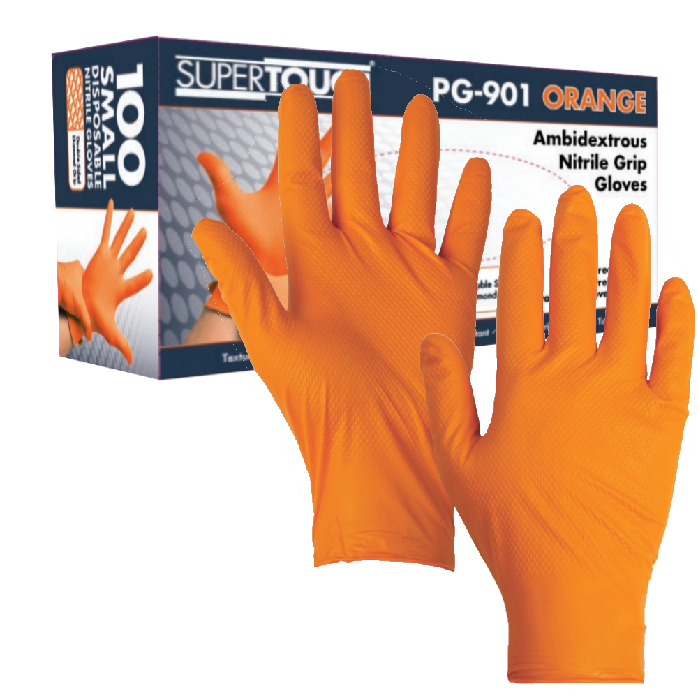 Supertouch Orange Nitrile Diamond Grip Gloves Heavy-Duty Disposable Work
