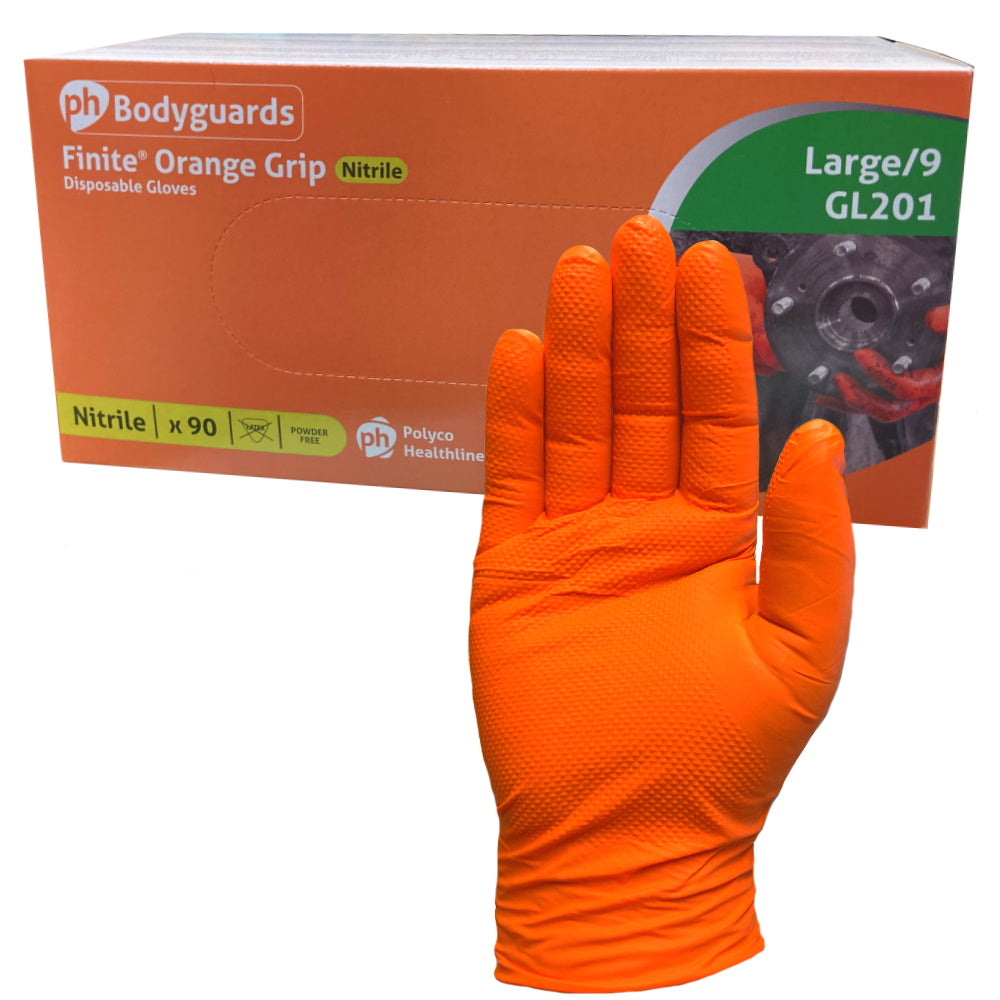Polyco Finite Orange Nitrile Disposable Gloves Powder Free Diamond Grip