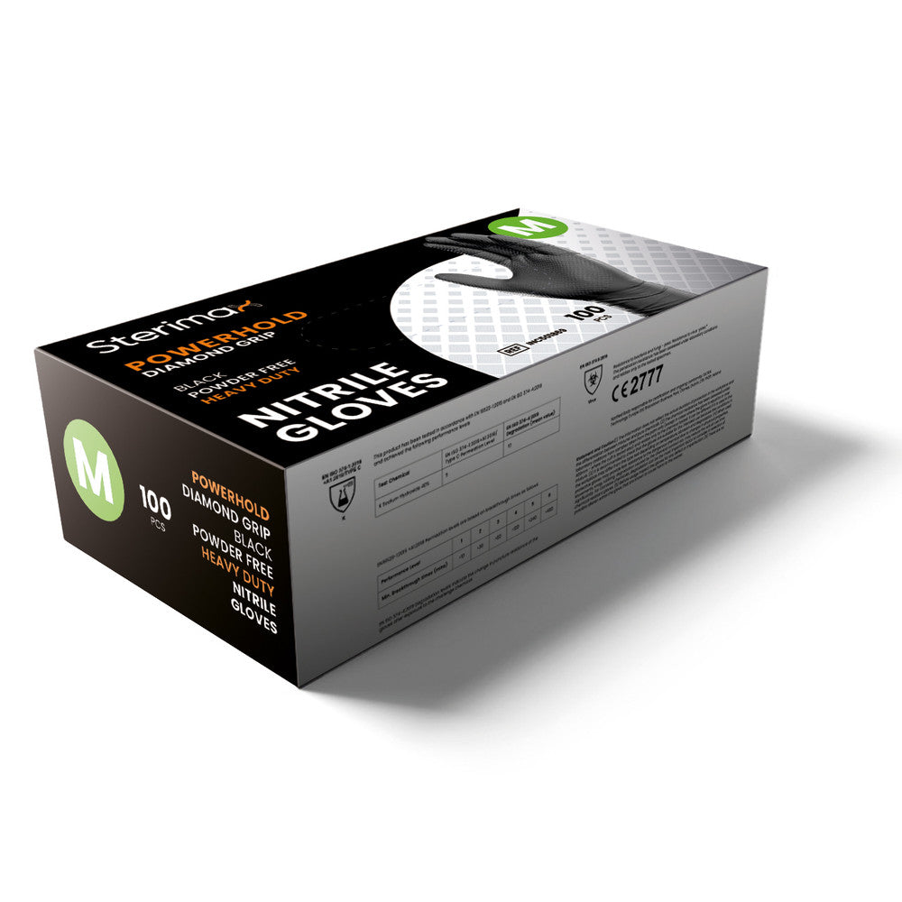 Powerhold Diamond Grip Nitrile Gloves Black Powder-Free