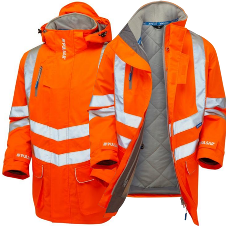 Pulsar Protect Hi Vis Padded Storm Coat Orange Waterproof Railway Workwear