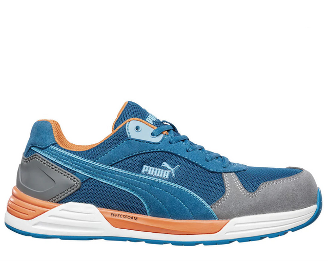 Blue and gray sneaker with orange accents, featuring Puma logo and German Design Award 2021 badge on a white background.