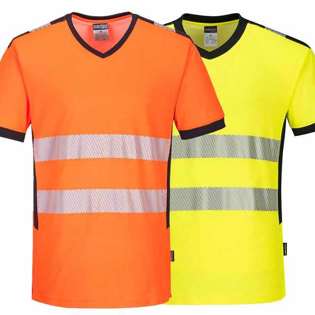 Class 2 Hi Vis V Neck Short Sleeve T Shirt Breathable Wicking Fabric