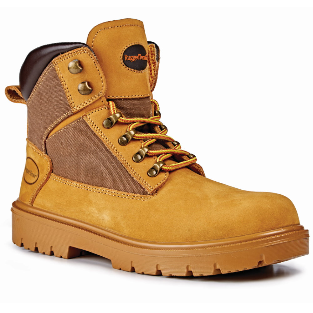 Rugged Terrain Derby Safety Boots Honey Nubuck Leather and Canvas S1P