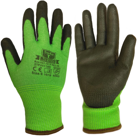 Safe T Green Cut Resistant Work Gloves Level D HPPE PU Coated