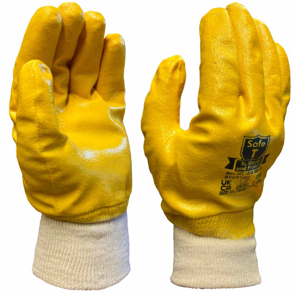 Safe T Nitrile Fully Dipped Work Gloves Yellow Cotton Liner Knitwrist