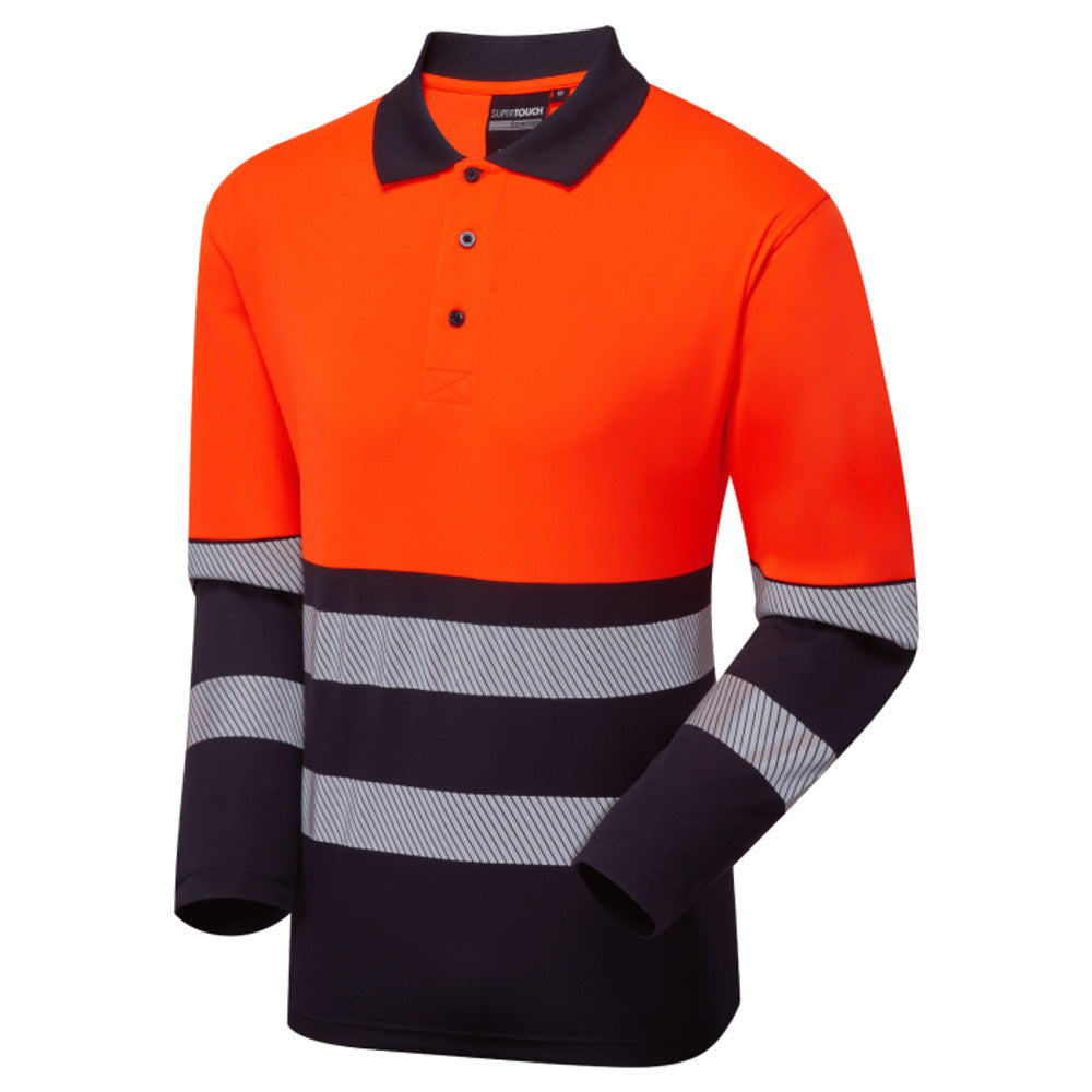 Supertouch Hi Vis Long Sleeve Polo Orange Navy CoolAir