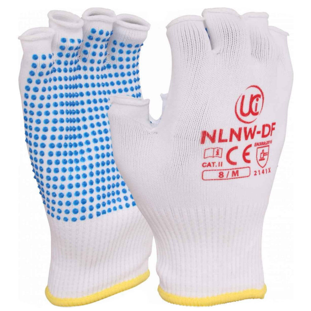 UCi Fingerless Nylon Work Gloves White PVC Dotted Palm Grip