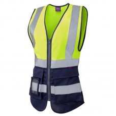 Ladies Fit Leo Superior Zipped High Vis Waistcoat Yellow and Navy
