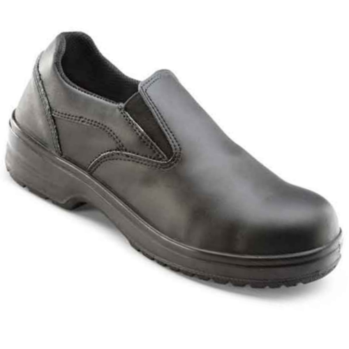 Ladies Black Leather Upper Slip On Safety Shoe PU Slip Resistant Sole ...