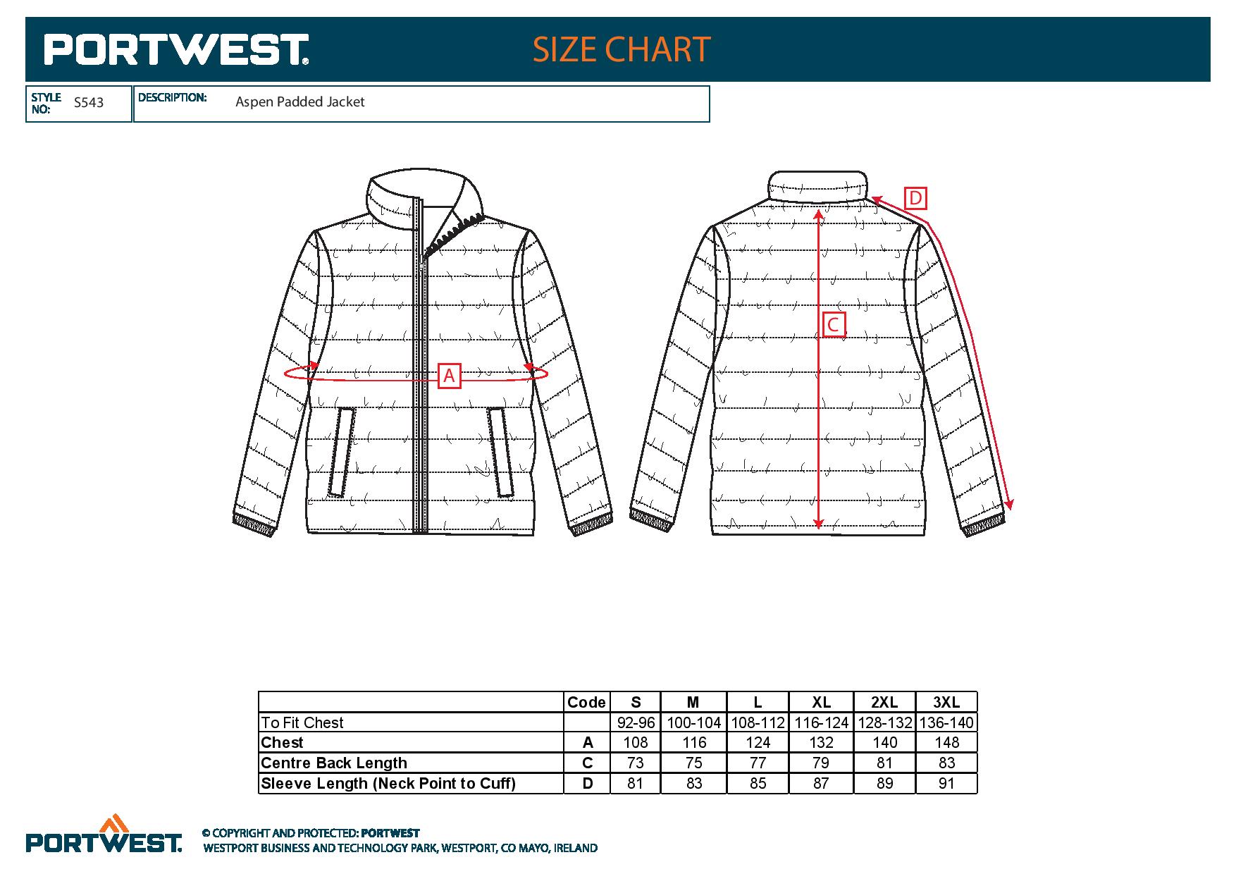Portwest Aspen Thermal Insulation Padded Winter Men's Jacket - Size Chart
