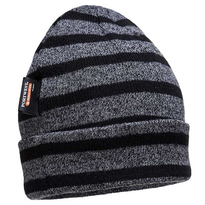 Grey & Black Striped Insulated Winter Beanie Hat