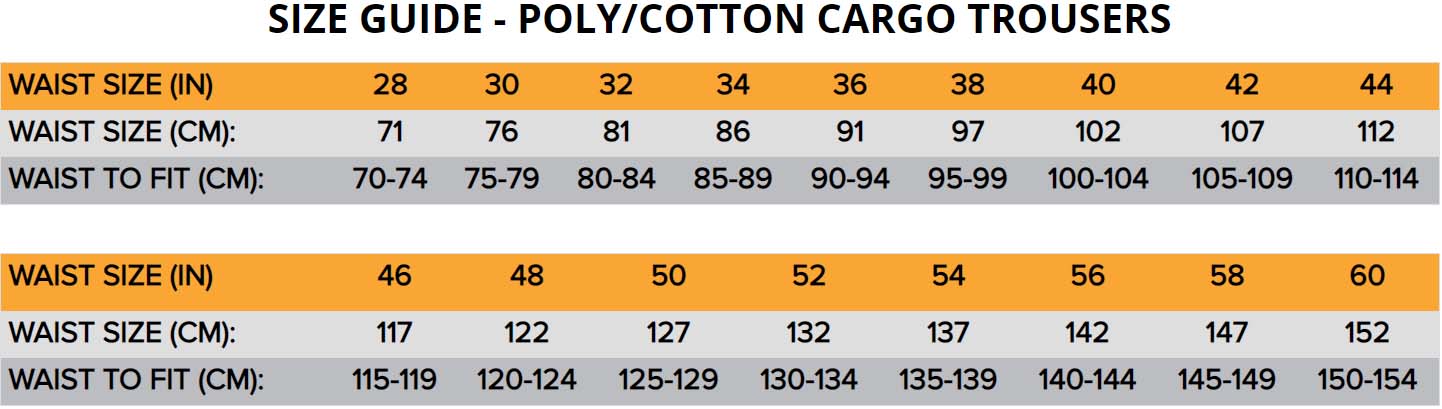 Size Guide-Poly/Cotton Cargo Work Trouser