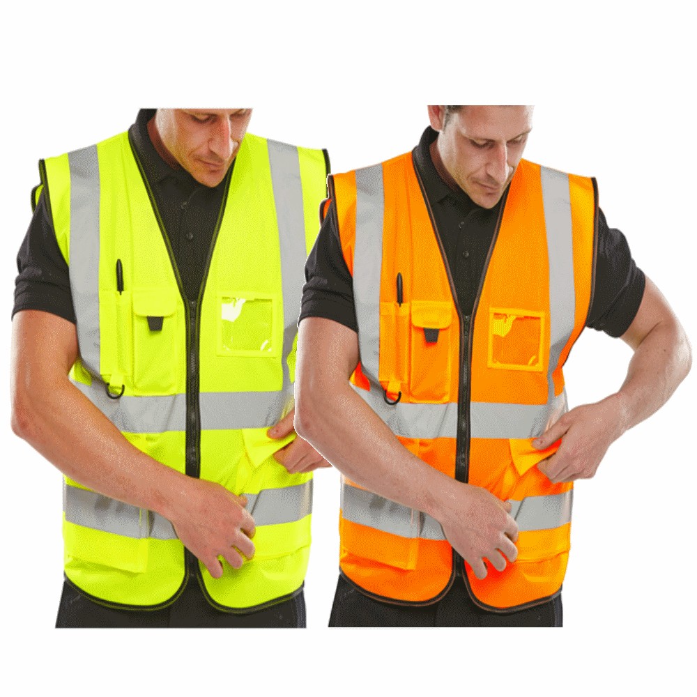 Hi Vis Viz Vest High Visibility Waistcoat with Phone & ID Pockets Yellow Orange 